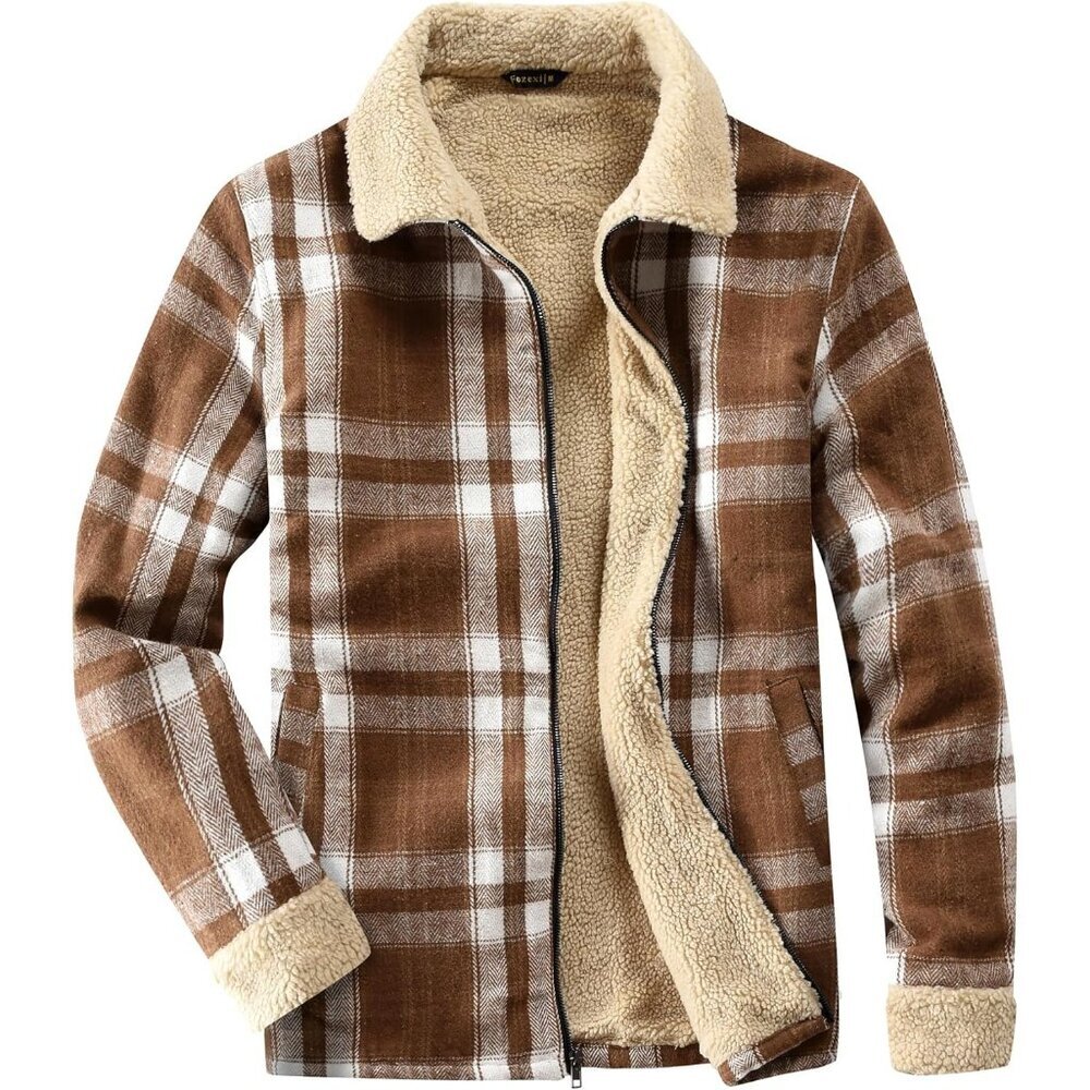Women's Lined Dark Brown Fleece Flannel Collar Vest Shirt Jackets Zip Closures